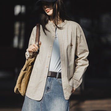 MADEN Women's Stand Collar Striped Shirt
