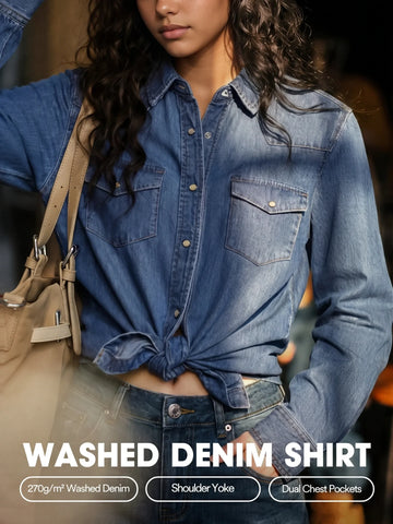 MADEN Women's Vintage Washed Denim Western Shirt