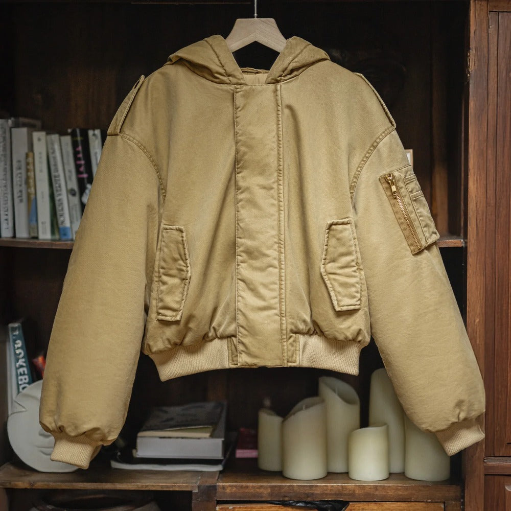 MADEN Women Hooded MA-1 Bomber Jacket Cotton Padded Short Coat Thick Warm Casual Khaki Flight Jacket Vintage Utility Style