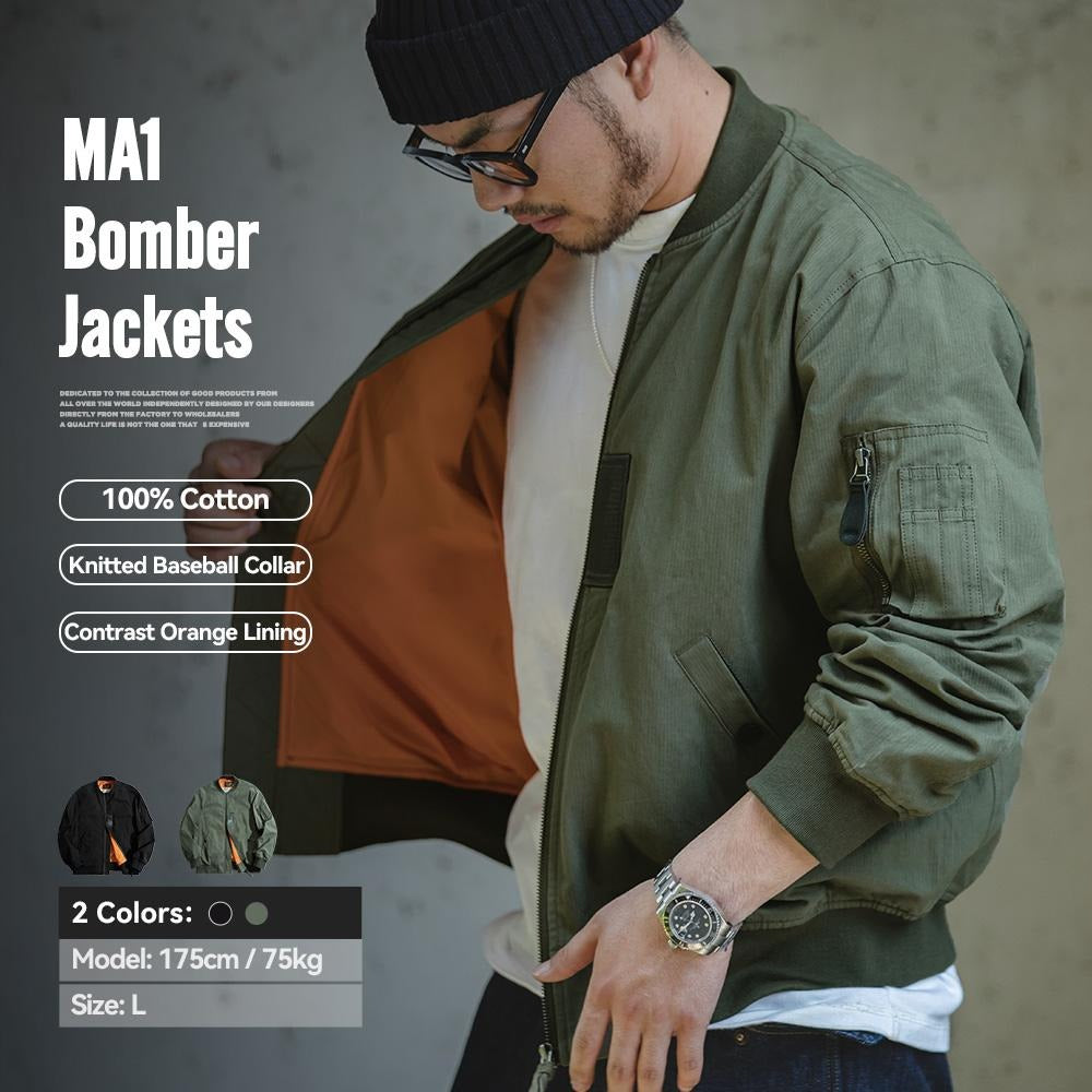 MADEN Retro MA1 Bomber Jackets Green Windproof Pilot Jacket Casual Mo