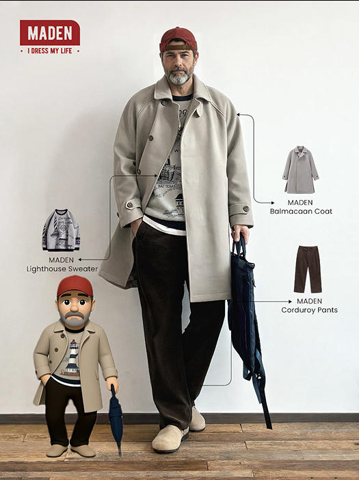 Elegant Layering: The Balmacaan Coat & Artistic Sweater