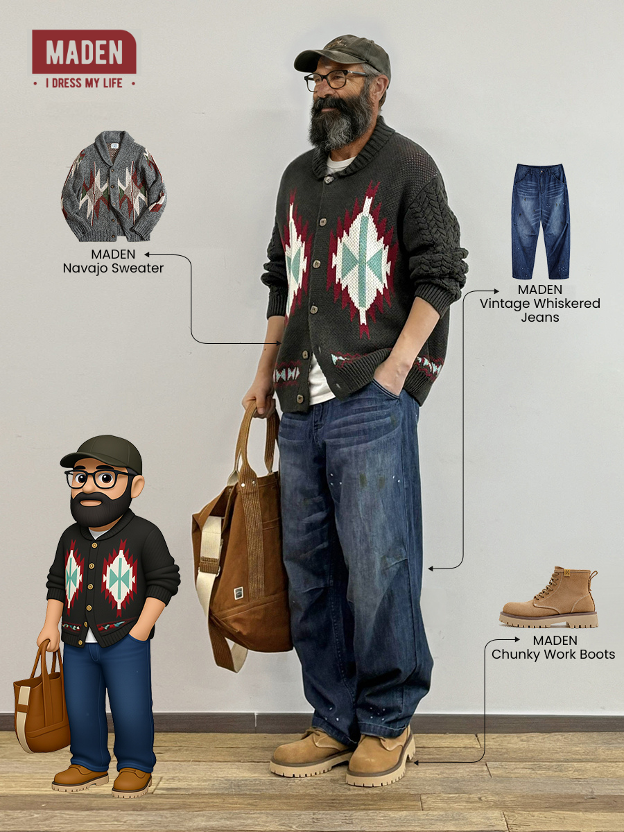 Retro Ethnic | MADEN Navajo Cardigan & Serrated Desert Boots