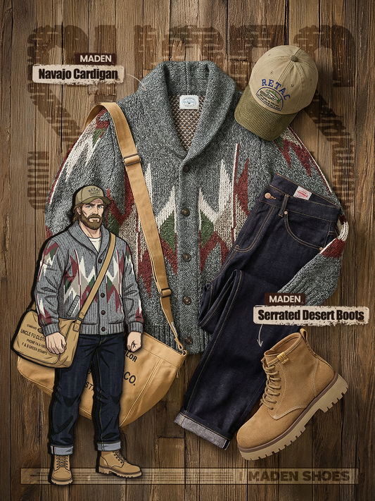 Southwestern Style | MADEN Navajo Cardigan & Serrated Desert Boots