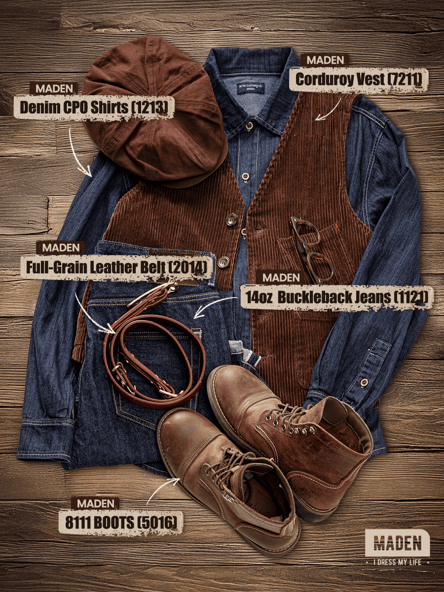 Rugged Workwear | Corduroy Vest & Raw Denim