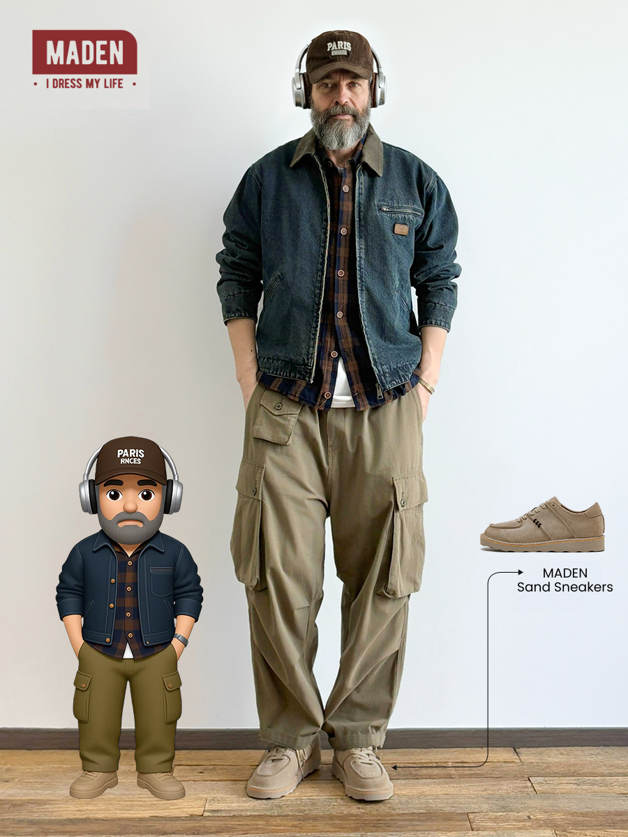 Rugged Workwear | MADEN Detroit Denim Jacket & Sand Retro Sneakers