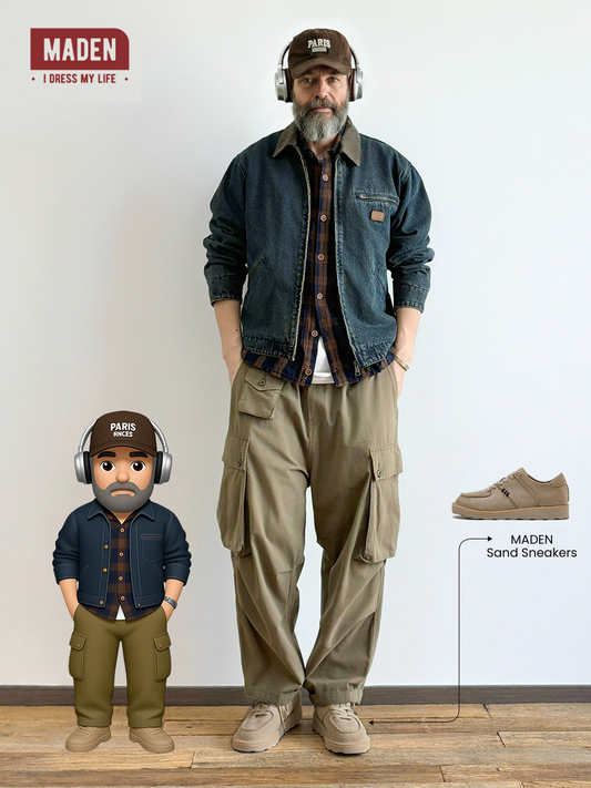 Rugged Workwear | MADEN Detroit Denim Jacket & Sand Retro Sneakers