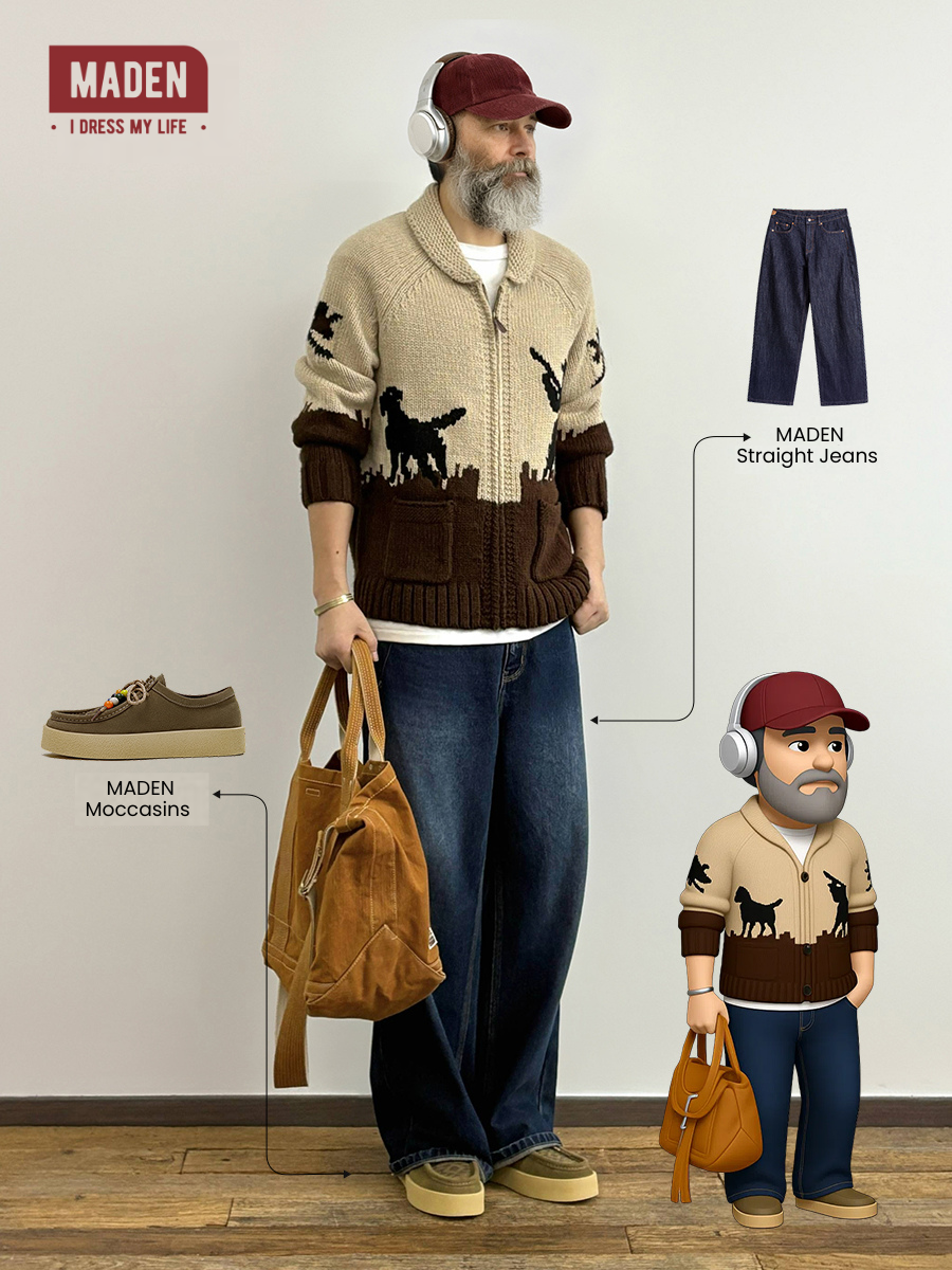 Casual Street |  MADEN Embroidered Cardigan & Moccasin Shoes