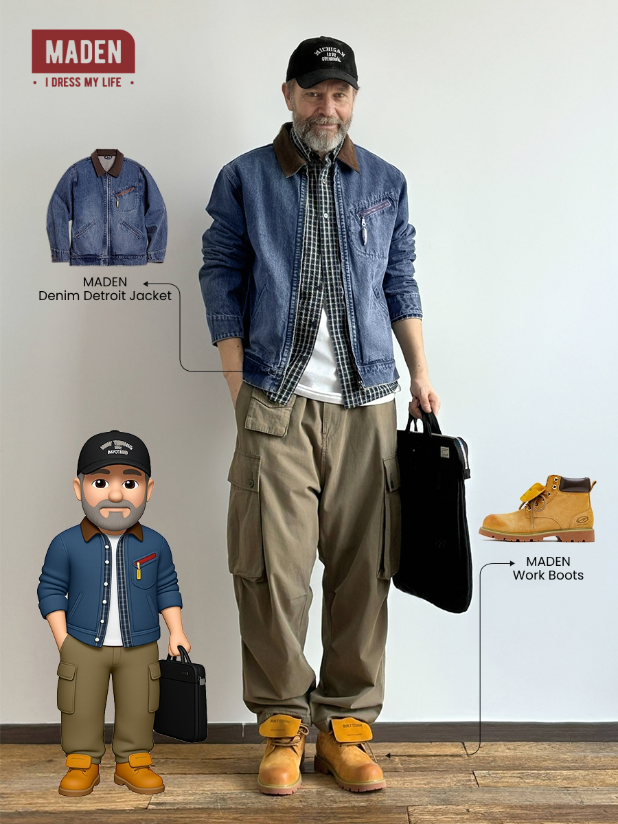 Retro Workwear | MADEN Detroit Denim Jacket & Flip-Cover Work Boots