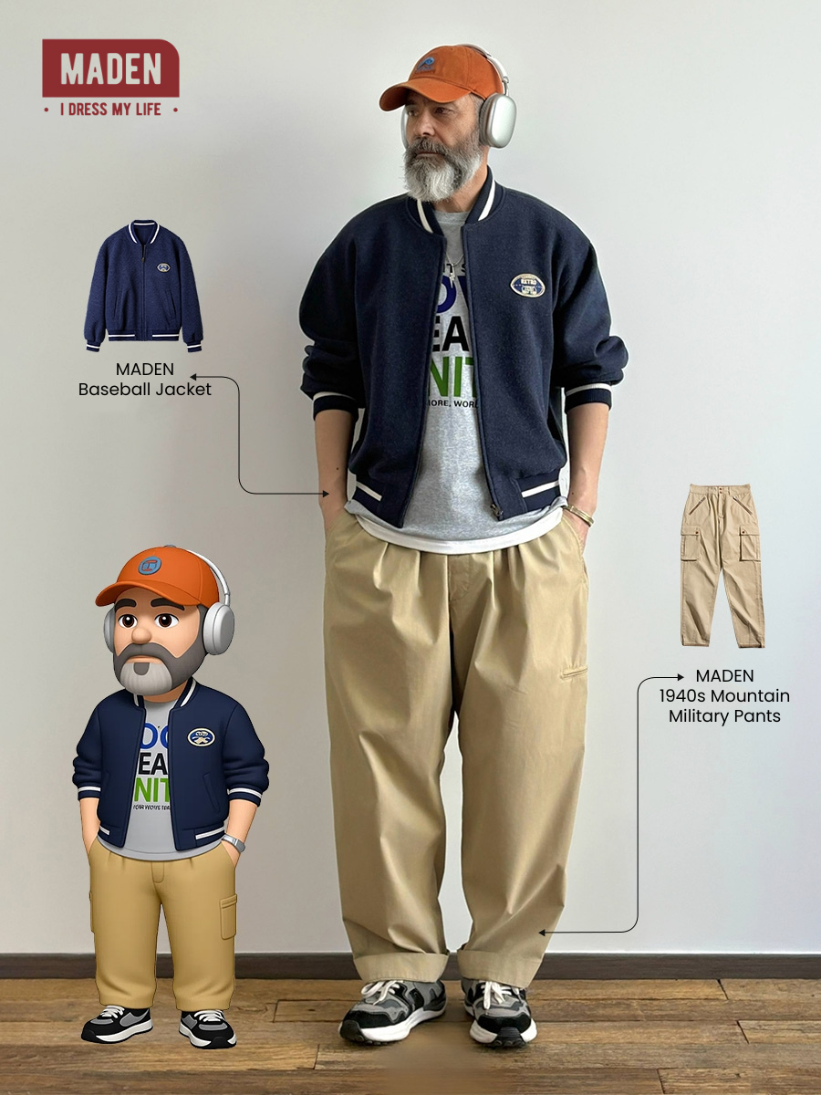 Sporty Casual | MADEN Blue Knit Baseball Jacket