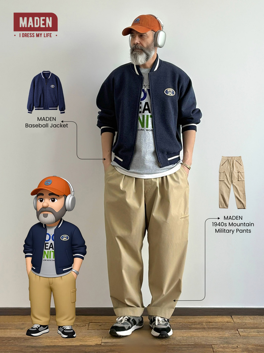 Sporty Casual | MADEN Blue Knit Baseball Jacket