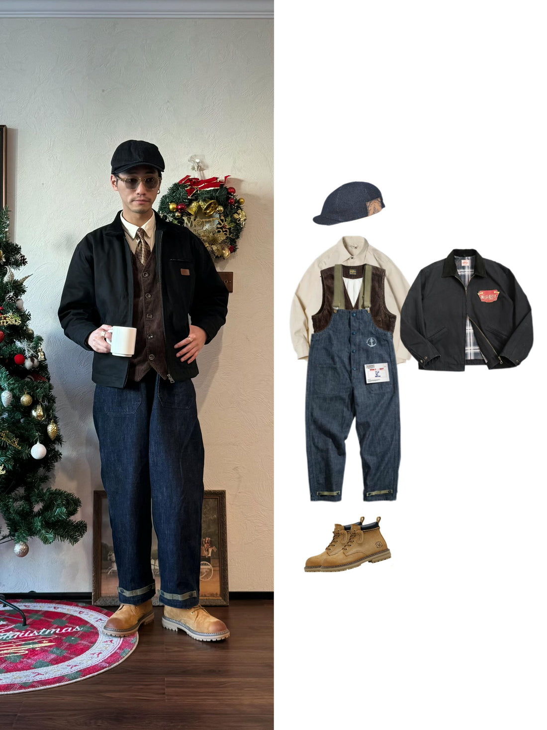  A man wearing a black Detroit jacket over a white shirt, brown striped vest, and plaid tie, paired with wide-leg navy denim overalls and brown work boots. He wears a black newsboy cap, standing in a casual outdoor pose.