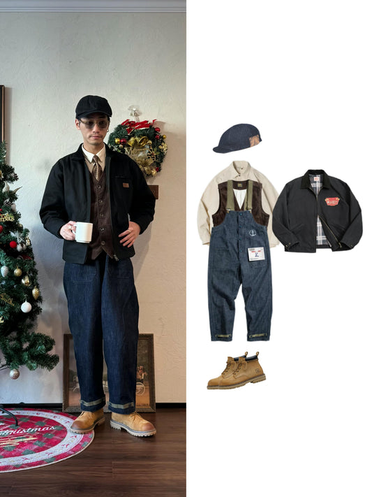  A man wearing a black Detroit jacket over a white shirt, brown striped vest, and plaid tie, paired with wide-leg navy denim overalls and brown work boots. He wears a black newsboy cap, standing in a casual outdoor pose.