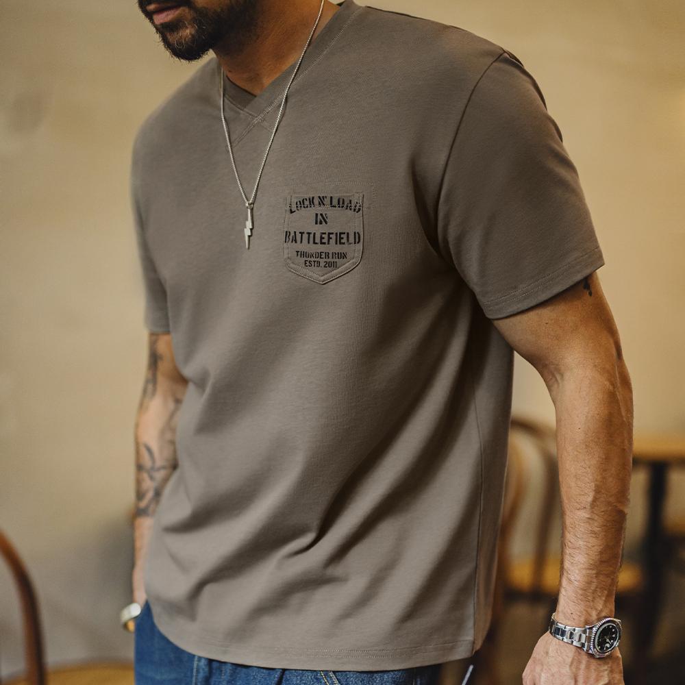 MADEN レトロ 綿100％ ポケット付き メンズ Vネック リブ編み クルーネック 半袖 Tシャツ フィットネス トレーニング カジュアル 多用途 メンズ服 代金引換