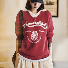 MADEN Retro Burgunderfarbener Color-Block V-Ausschnitt Pullover