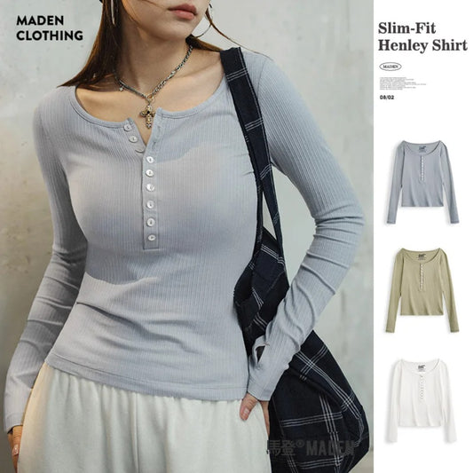 Camiseta de manga larga ajustada de canalé para mujer MADEN con cuello henley