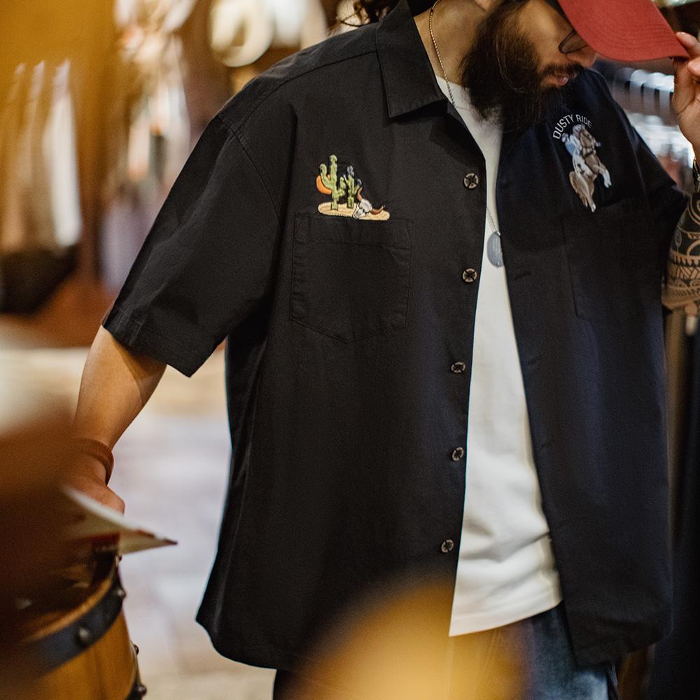 마덴 쿠바 칼라 셔츠 - 자수 블랙 100% 면 반팔 셔츠 빈티지 캐주얼 재킷 남성 여름