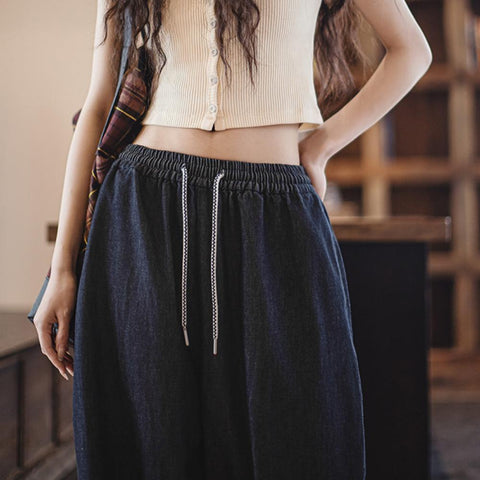 MADEN Retro Ice Silk Jeans Women | Relaxed Tapered Leg Soft Stretch Waist Drawstring Cool-Touch 240GSM Denim Pants