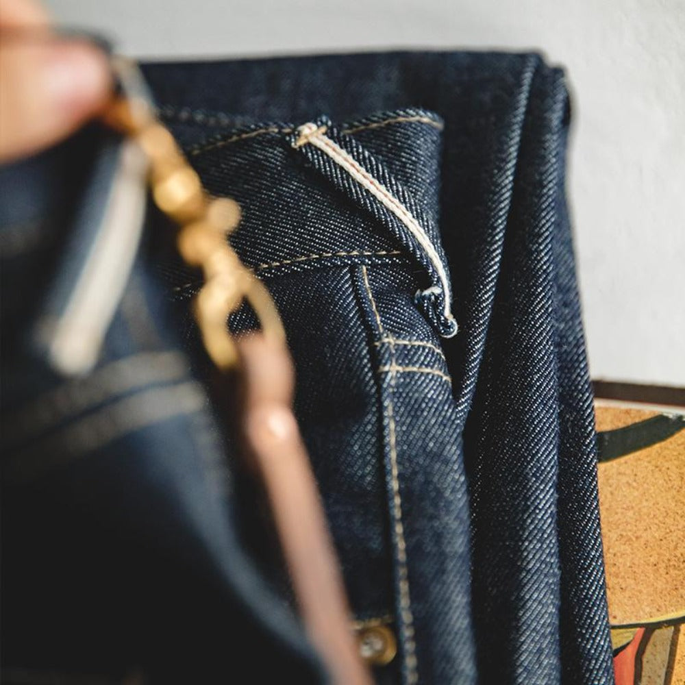 Jeans rectos de mezclilla cruda selvedge de 13.5oz para hombre MADEN