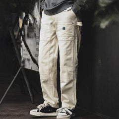 Pantalones Cargo para Hombre MADEN Vintage Blanco Lavado Recto con Múltiples Bolsillos Pantalón de Carpintero de Calle