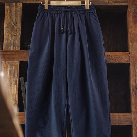 MADEN American Casual Waist Tie Seersucker Japanese Lantern Pants Men Loose Wide Leg Breathable Scimitar Pants Spring Summer