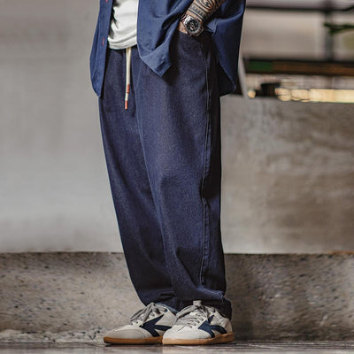 MADEN Men's Casual Jogger Denim Jeans with Elastic Waist and Drawstring Washed Straight-Leg Lose Pants for Men