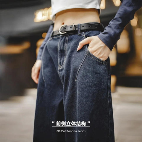 Maden 12.8OZ Washed Denim Jeans for Women 3D Cut Banana Pants Dark Blue Loose Casual Cargo Trousers Female Four Seasons Jeans