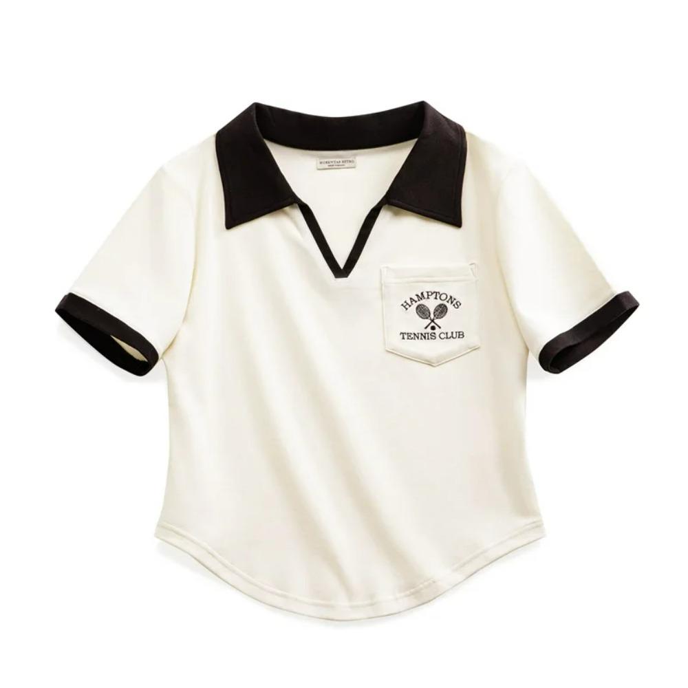 Maden Vintage V-Neck Shirt Women’s Casual Contrast Tee