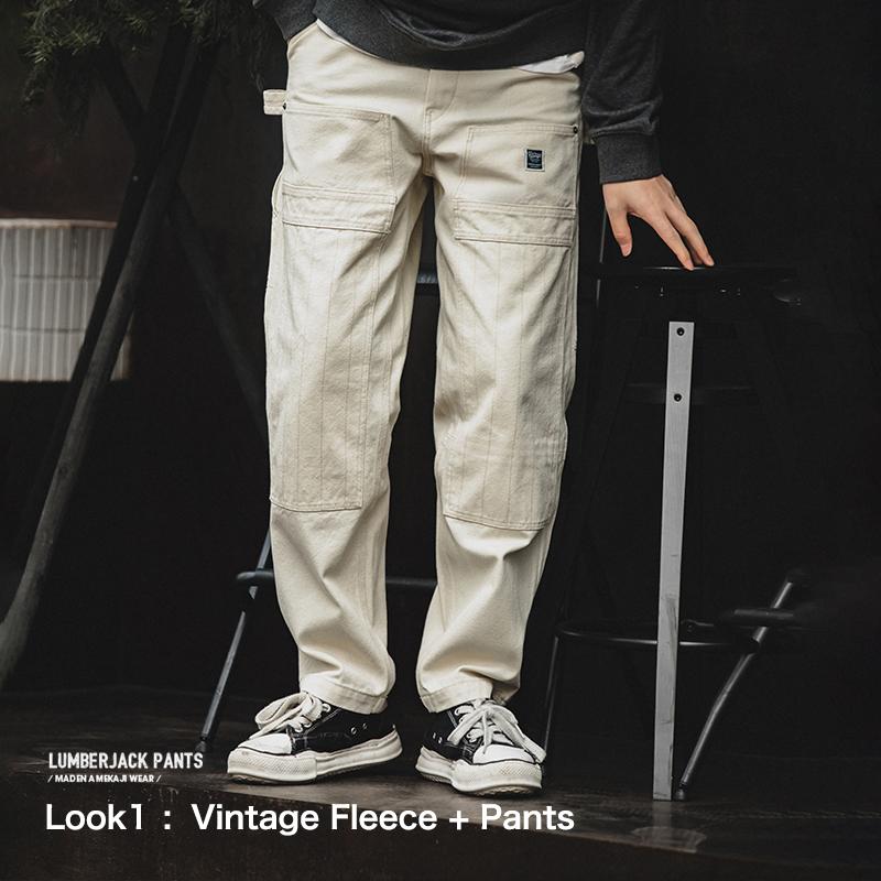Pantalones Cargo para Hombre MADEN Vintage Blanco Lavado Recto con Múltiples Bolsillos Pantalón de Carpintero de Calle