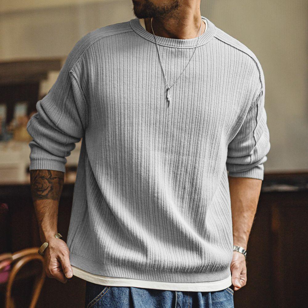 Suéter de punto para hombre MADEN gris casual, suéter de algodón acanalado estilo dinero antiguo, manga larga, ropa de punto cómoda, ajuste holgado, minimalista