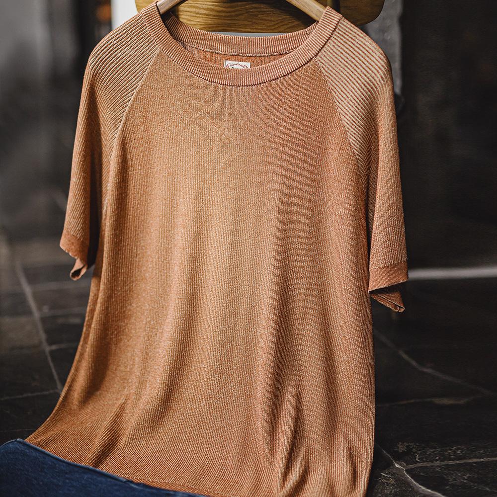 MADEN Oranges geripptes Kurzarm-T-Shirt mit Rundhalsausschnitt