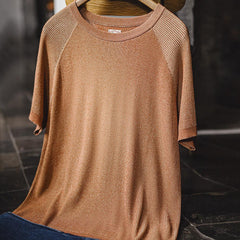 MADEN Oranges geripptes Kurzarm-T-Shirt mit Rundhalsausschnitt