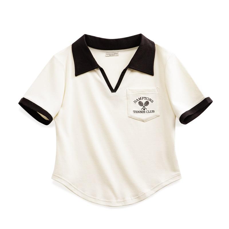 Maden Vintage V-Neck Shirt Women’s Casual Contrast Tee