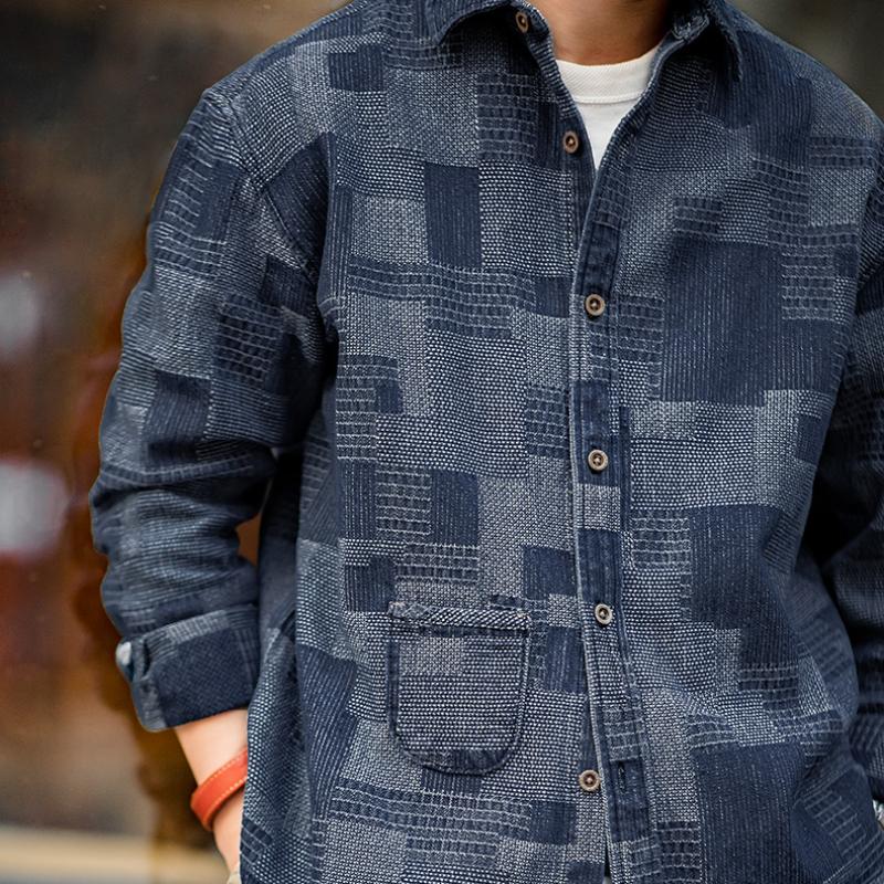 MADEN Boro Denimhemd mit Jacquard-Patchwork