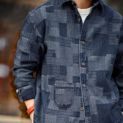 MADEN Herren Boro Denim Hemd mit Jacquard Patchwork