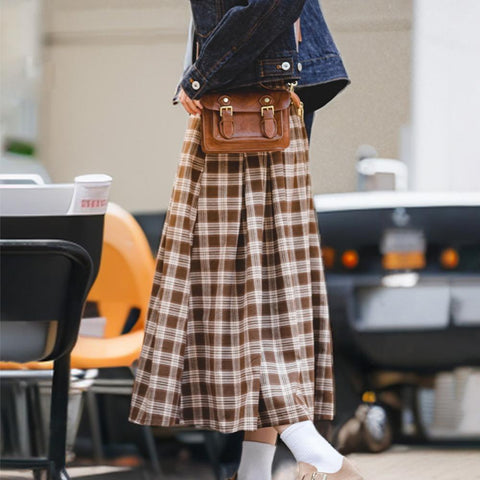 Maden Women's Plaid Skirt - Vintage Relaxed High Waist