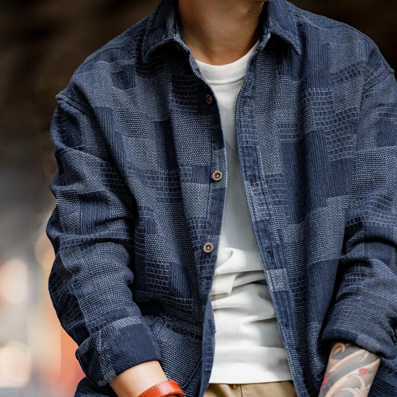 MADEN Boro Denimhemd mit Jacquard-Patchwork