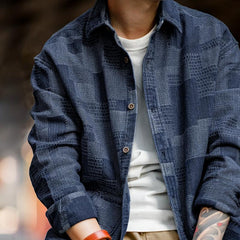 MADEN Herren Boro Denim Hemd mit Jacquard Patchwork