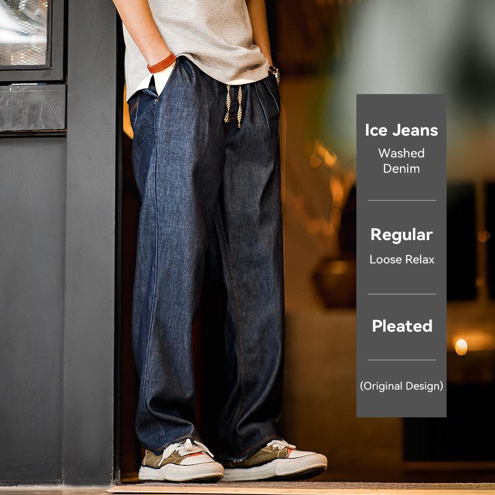 Quần Jean Túi Lệch MADEN | Cảm Giác Mát Mẻ Quần Jean Denim Giặt Rũ Rộng Thoải Mái Cắt Thẳng Thiết Kế Xếp Ly Đôi Màu Xanh Nguyên Bản [COD]