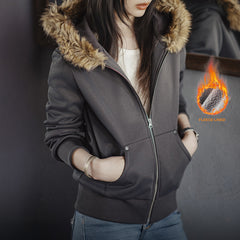 MADEN Fleece-Kapuzenjacke mit Pelzkragen und Reißverschluss 