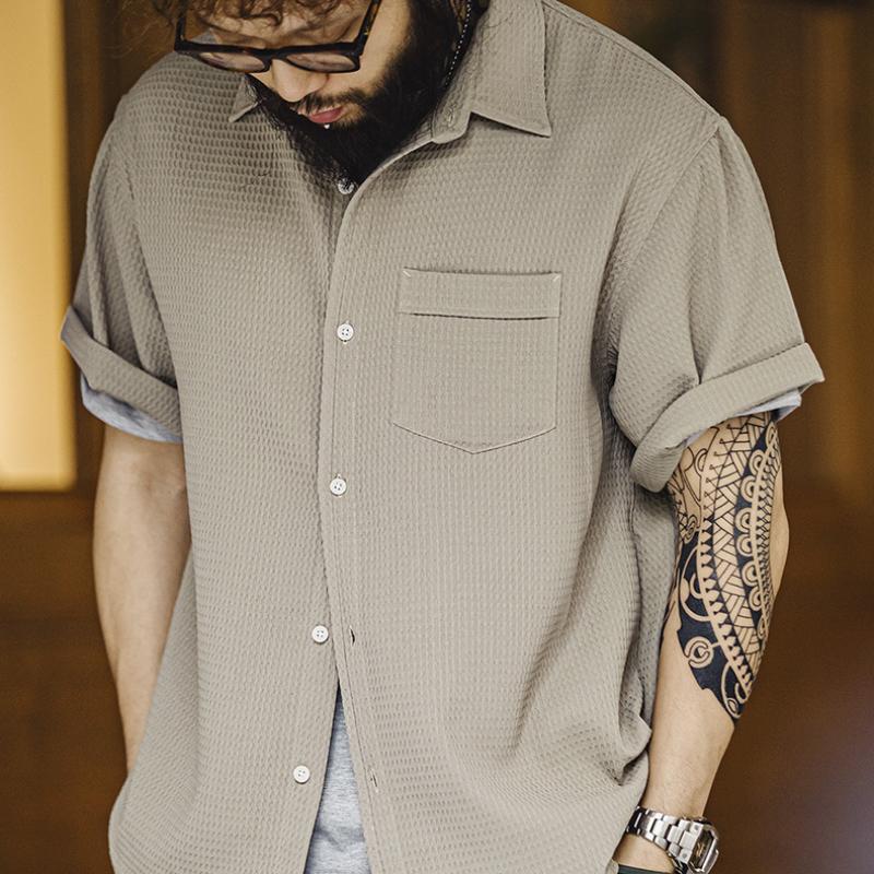 MADEN Men's Heavyweight Waffle Knit Short-Sleeve Button-Down Shirt