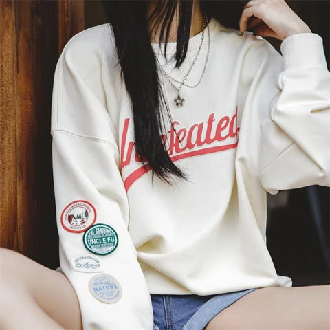 MADEN Damen American Casual Pullover Sweatshirt mit Kontrasteinsatz, Raglanärmeln, Langarm-Topcoat im Academy-Stil 