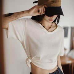 마덴 아이보리 텍스처 티셔츠 넓은 목선 | 루즈핏 경량 7A 쿨링 티 드롭 숄더 여름 필수 캐주얼 시크 분위기