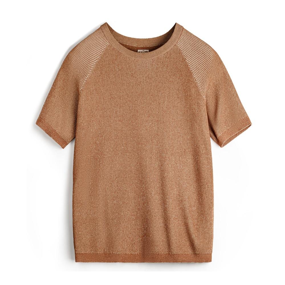 MADEN Oranges geripptes Kurzarm-T-Shirt mit Rundhalsausschnitt