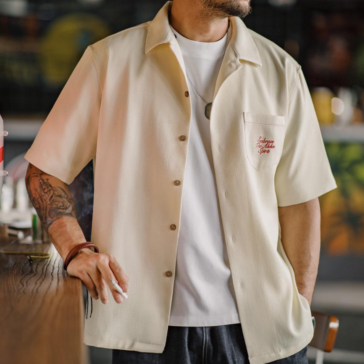 마덴 레트로 하와이 자수 셔츠 남성 캐주얼 반팔 셔츠 텍스처 드레이프 쿠바 칼라 여름 해변 남성복