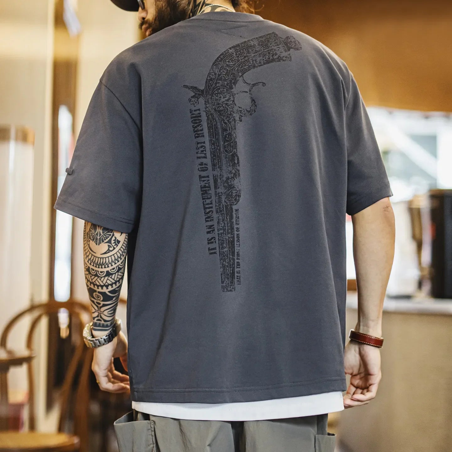 MADEN Vintage Gun Print Heavyweight Cotton T-Shirt