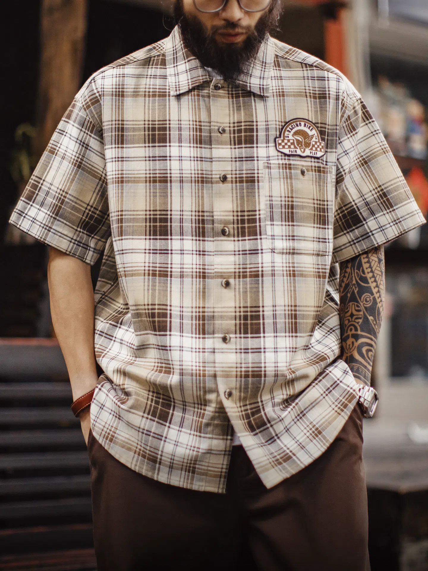 MADEN Vintage Plaid Print Shirt
