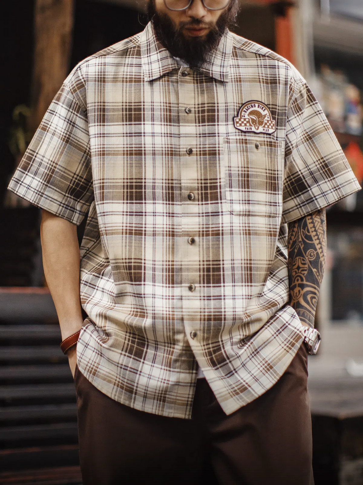 MADEN Vintage Plaid Print Shirt
