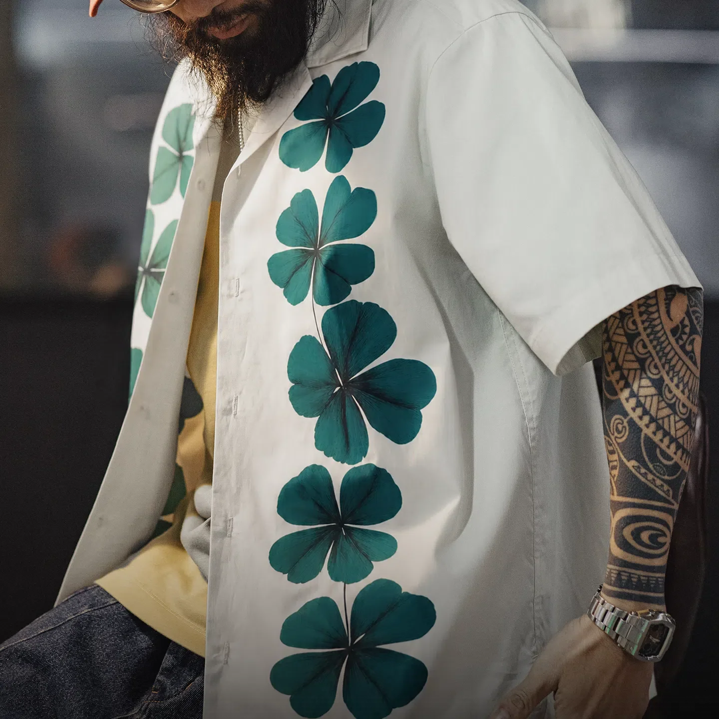 MADEN Men's Four-Leaf Clover Cuban Collar Camp Shirt