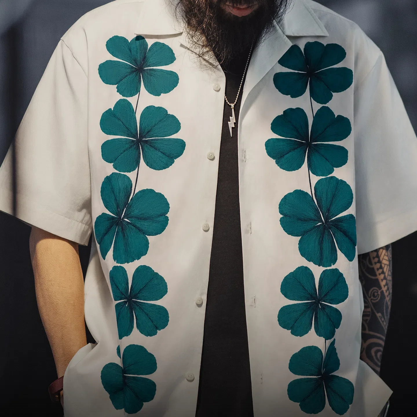 MADEN Men's Four-Leaf Clover Cuban Collar Camp Shirt