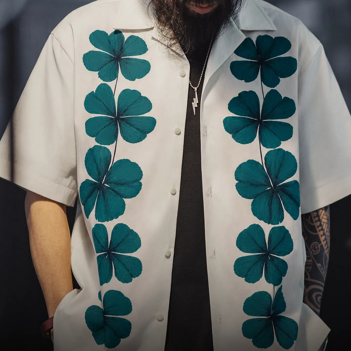 MADEN Men's Four-Leaf Clover Cuban Collar Camp Shirt